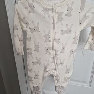 Old Navy Cream Bunny Print Footed Pajamas with Pink Accent